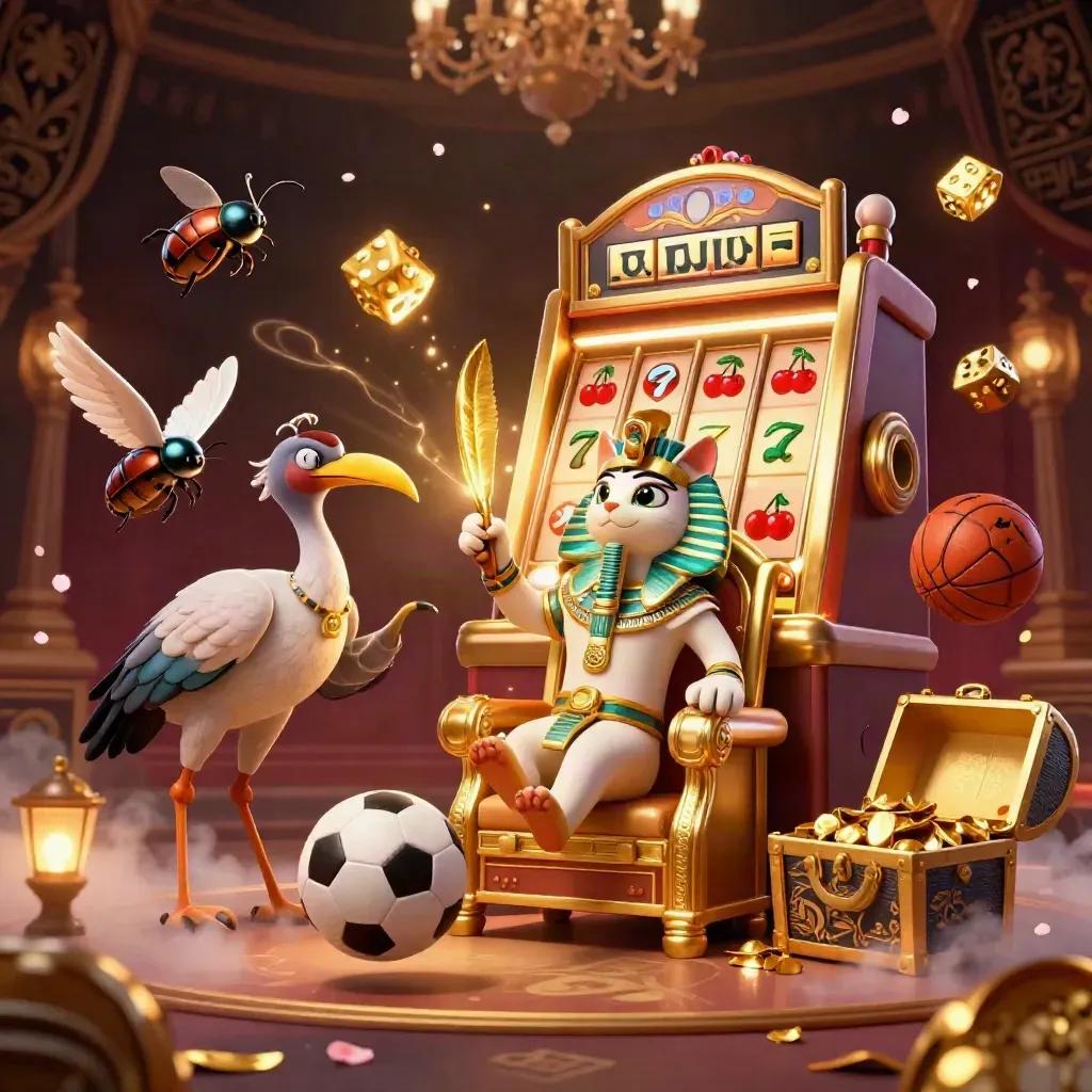 Pharaoh cat, ibis scribe, slot burst, dice, and sports balls in luxe casino light