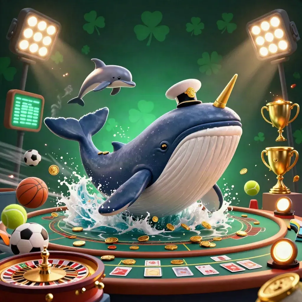Whale captain, narwhal, and dolphins amid coins, balls, trophy, roulette, and casino glow