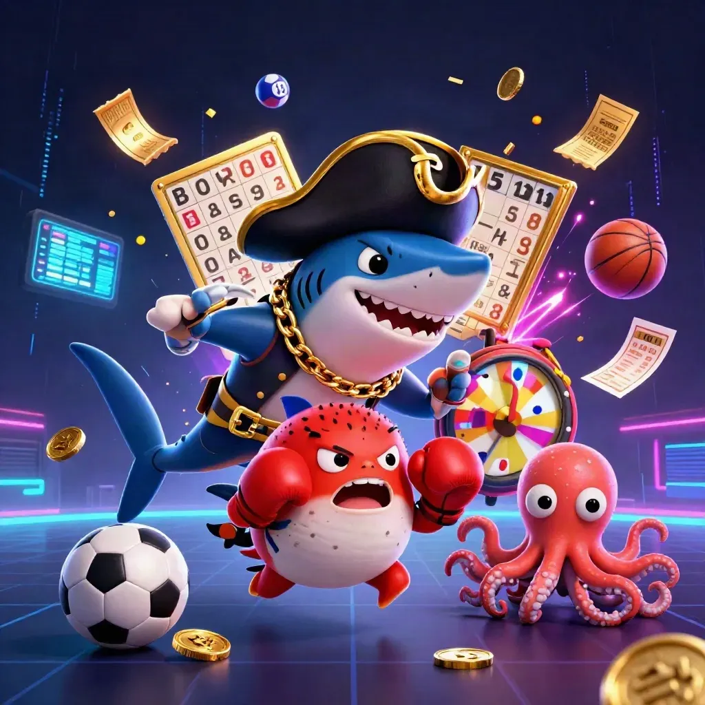 Shark pirate, boxing pufferfish, and coin-juggling octopus amid casino symbols and neon light