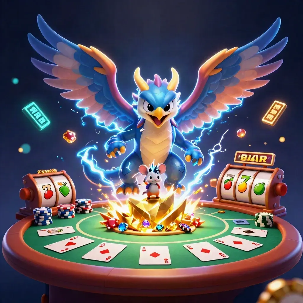 Thunder dragon, hawk and static mouse explode over poker chips, cards and neon casino light.