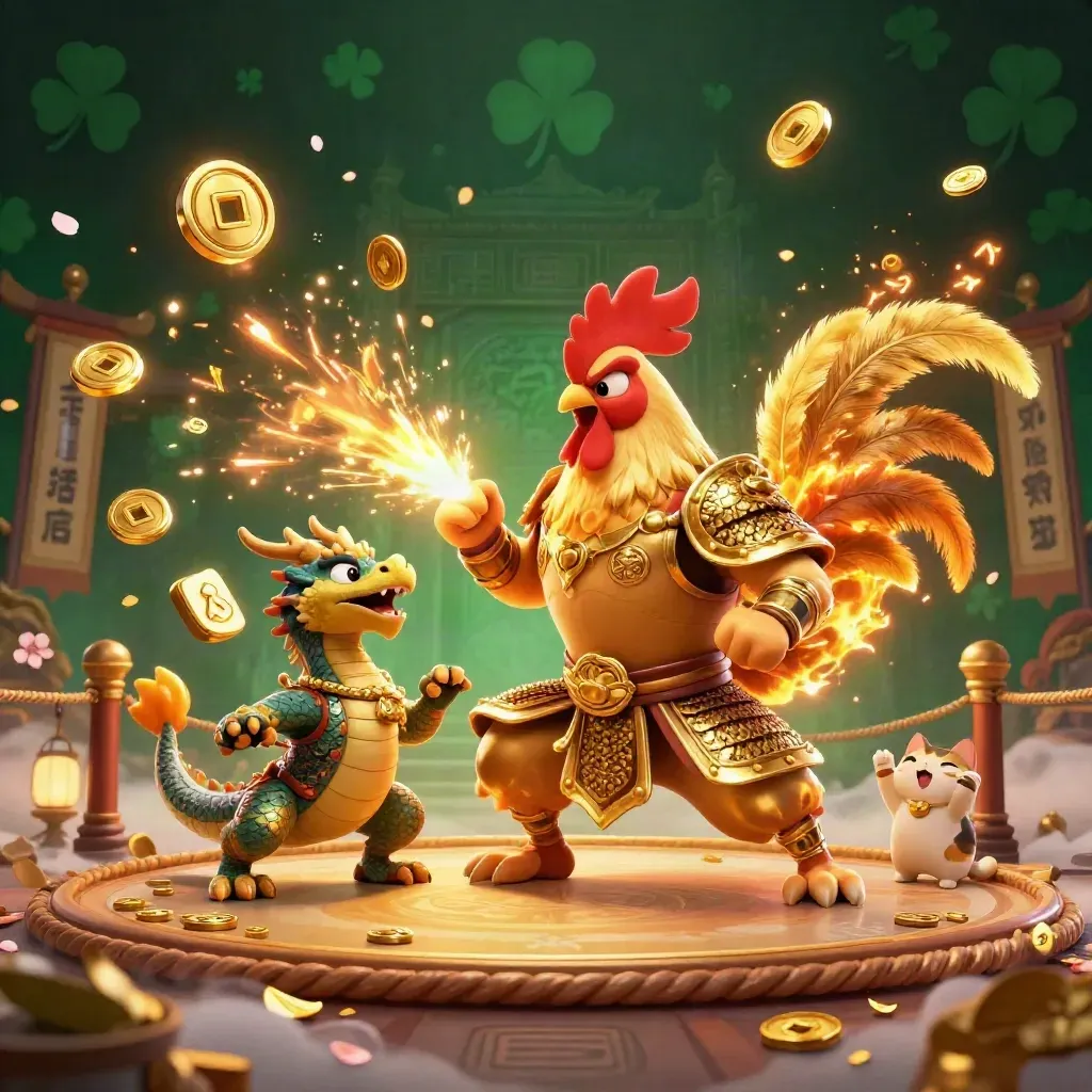Rooster warrior, dragon hatchling and fortune cat in an emerald-and-gold casino battle scene.