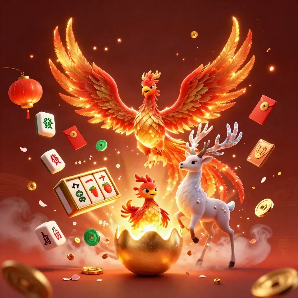 Phoenix, hatchling, and crystalline stag amid casino loot, embers, and glowing treasure on a dark gradient.
