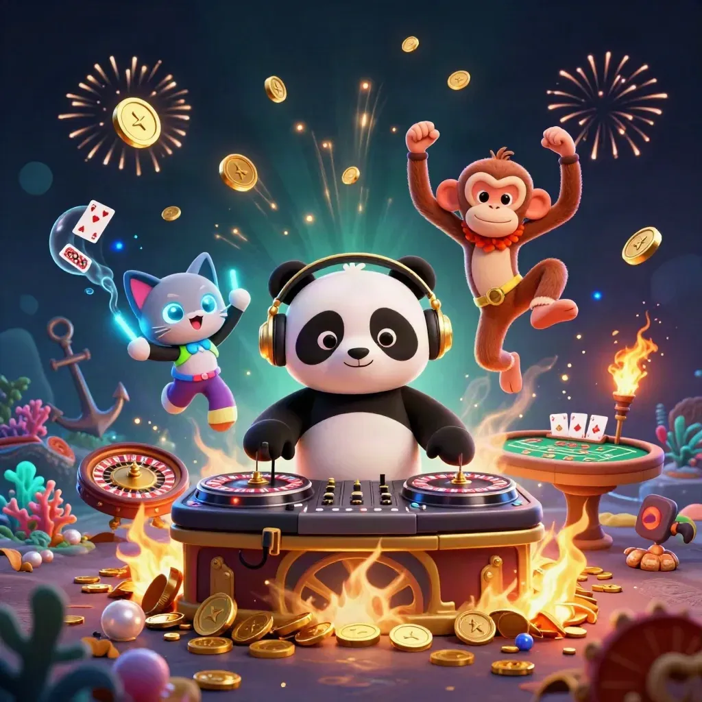 DJ panda, breakdancing monkey and glow-stick kitten amid coin showers, treasure and casino lights.
