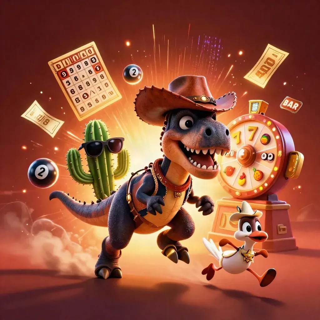 Cowboy T-Rex, cactus sidekick, and roadrunner amid casino symbols on a fiery neon backdrop.