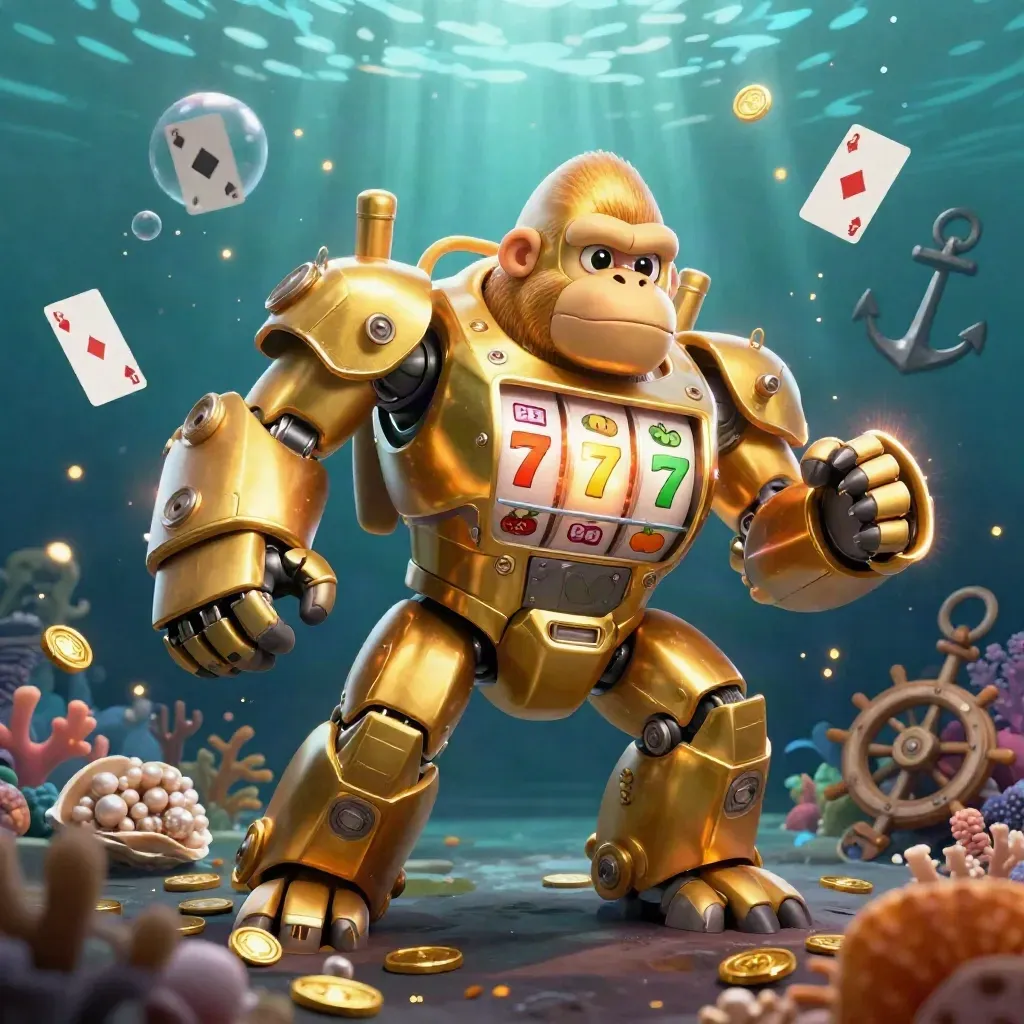 Golden gorilla slot-mech underwater with monkey pilot, coins, coral, cards, and glowing reels.