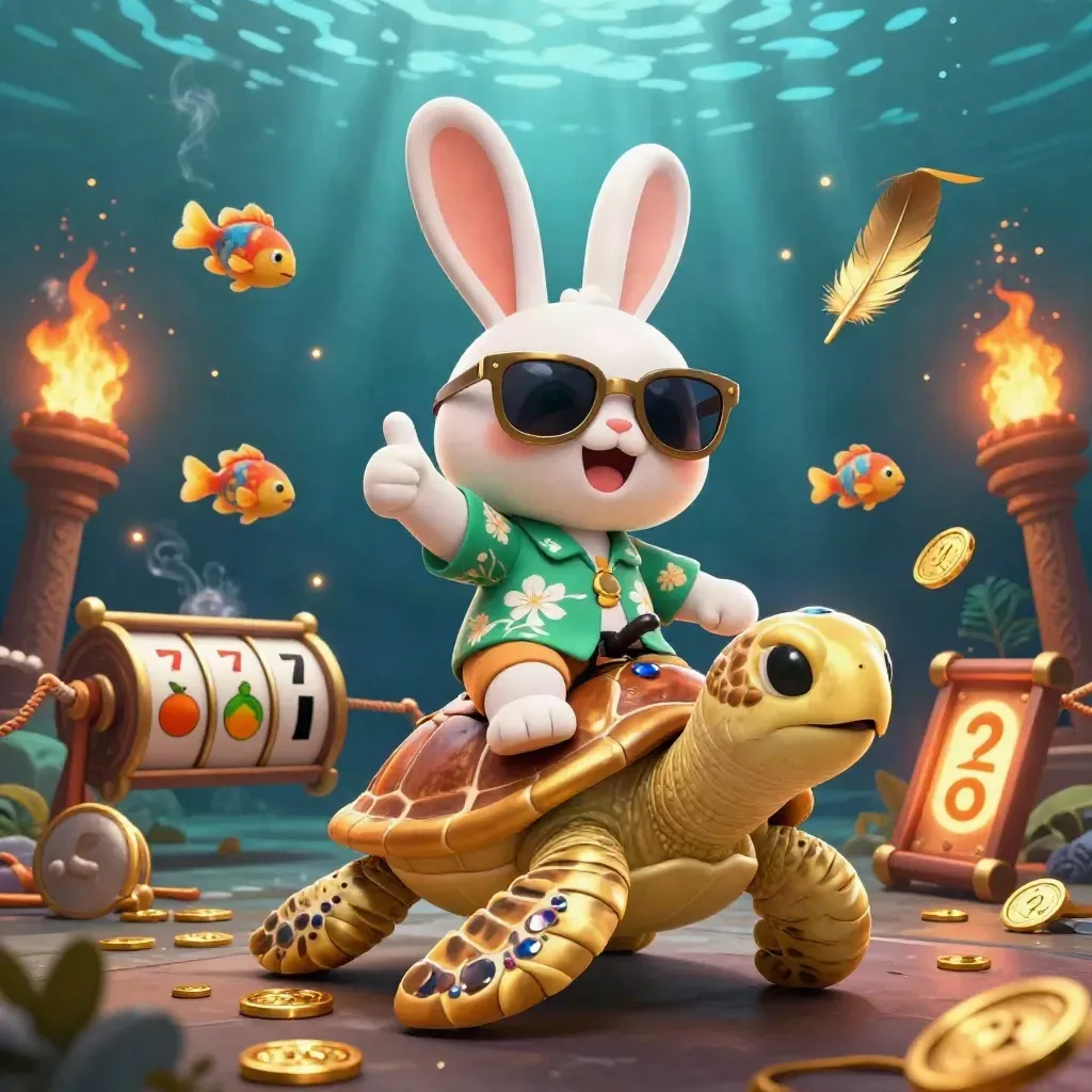 Lucky rabbit rides a gem-shell turtle in a dark neon casino underwater scene.