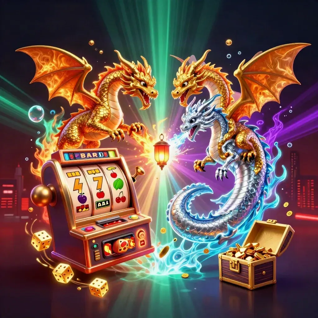 Twin gold and silver dragons swirl with a lantern spirit amid slot reels, dice, gold, and neon light.